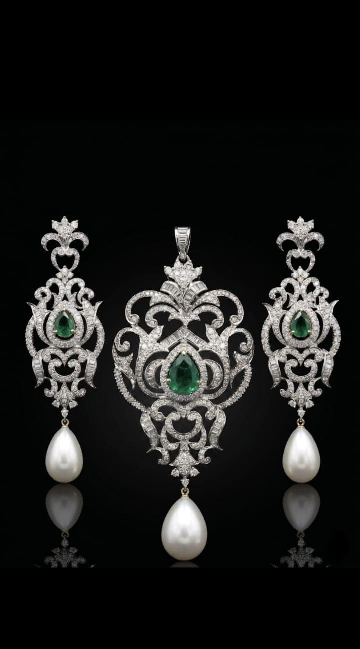 Emerald and pearl diamond pendant with matching earrings in gold — Diamantte, Pune