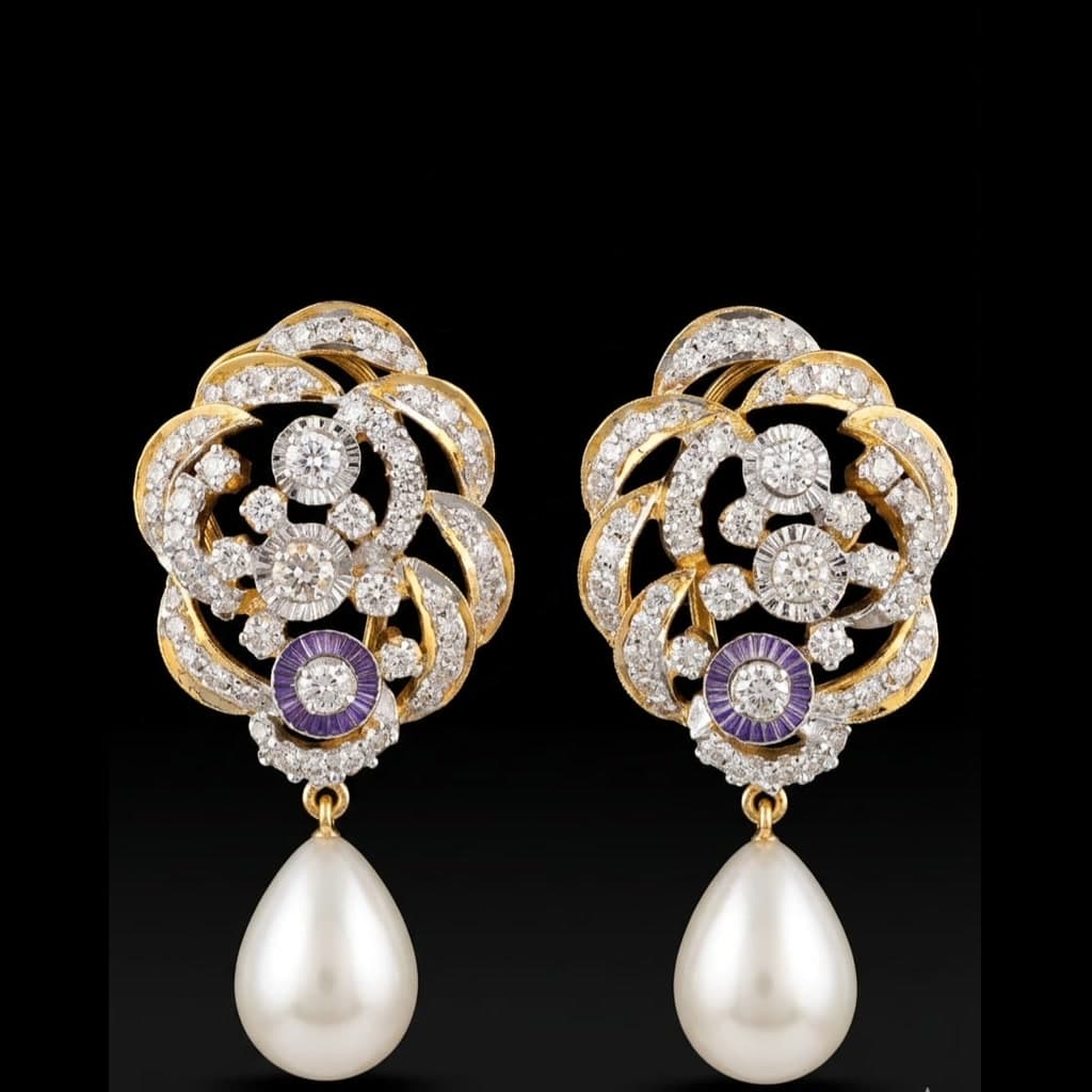 Gold Scroll Pearl Drop Earrings — Diamantte Pune